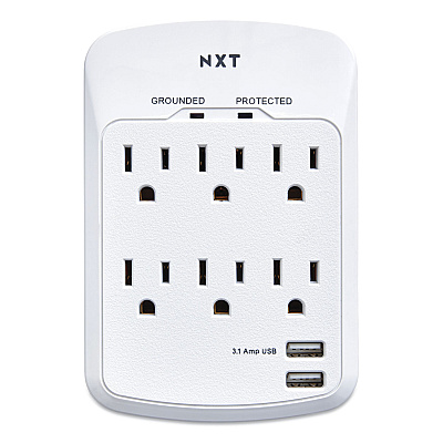 NXT Technologies Wall-Mount Surge Protector, 6 AC Outlets/2 USB Ports, 1,200 J, White (NXT24324334)