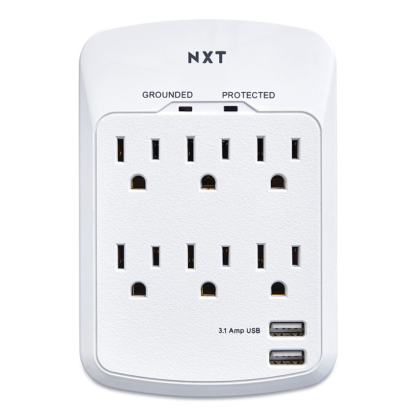 NXT Technologies Wall-Mount Surge Protector, 6 AC Outlets/2 USB Ports, 1,200 J, White (NXT24324334)