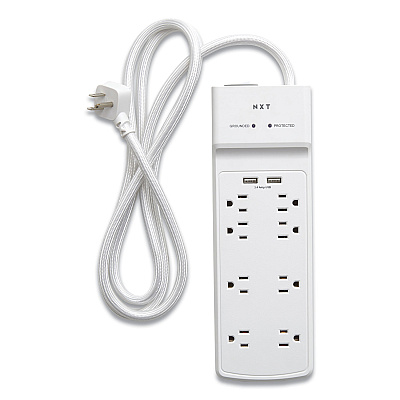 NXT Technologies Surge Protector, 8 AC Outlets/2 USB Ports, 6 ft Cord, 2,100 J, White (NXT24324337)