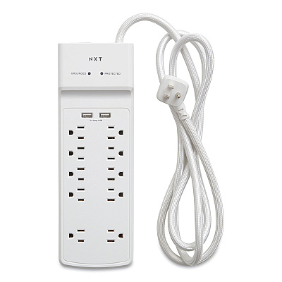 NXT Technologies Surge Protector, 10 AC Outlets/2 USB Ports, 6 ft Cord, 3,000 J, White (NXT24324338)