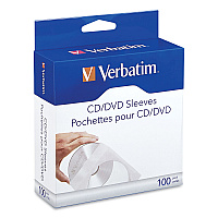 Verbatim CD/DVD Sleeves, 1 Disc Capacity, Clear/White, 100/Box (49976)