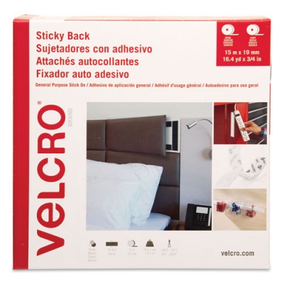 Velcro Sticky-Back Fasteners, Removable Adhesive, 0.75" x 49 ft, White (30633)