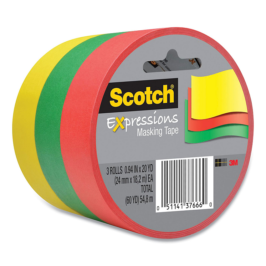 Scotch Expressions Masking Tape, 3" Core, 0.94" x 20 yds, Red, Green, Yellow, 3 Rolls/Pack (MMM34373PRM)