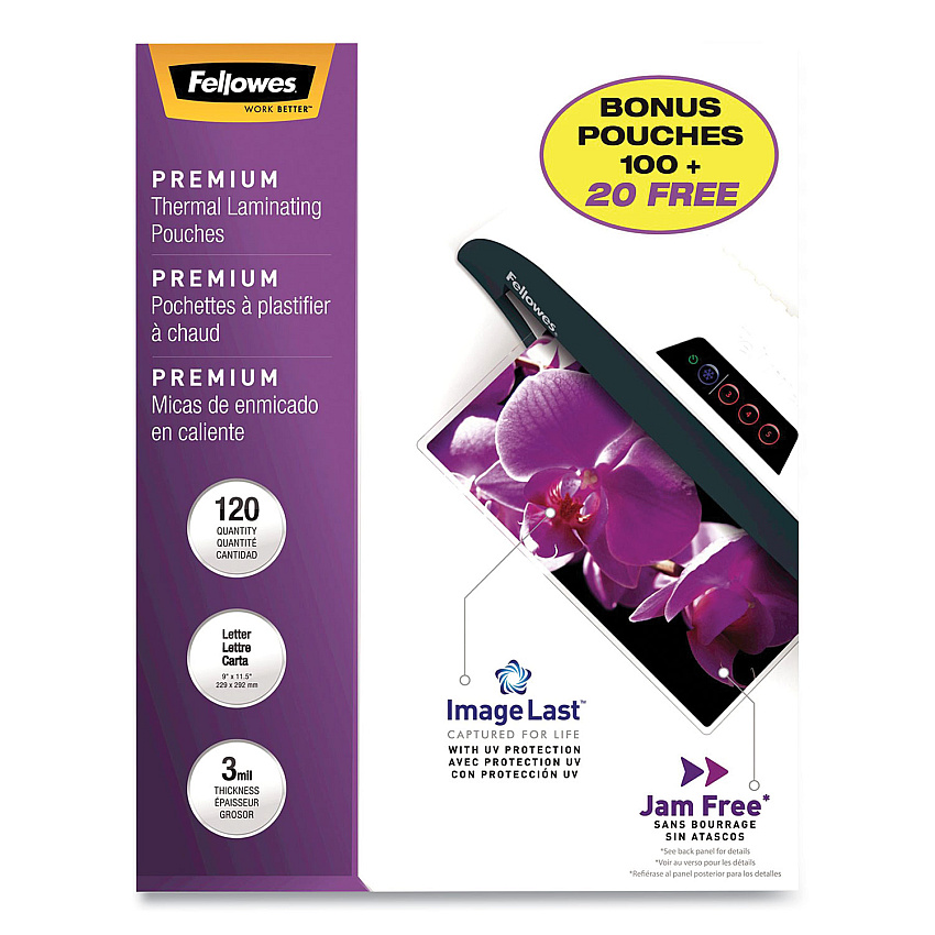 Fellowes ImageLast Laminating Pouches with UV Protection, 3 mil, 9" x 11.5", Clear, 120/Pack (FEL5228901)