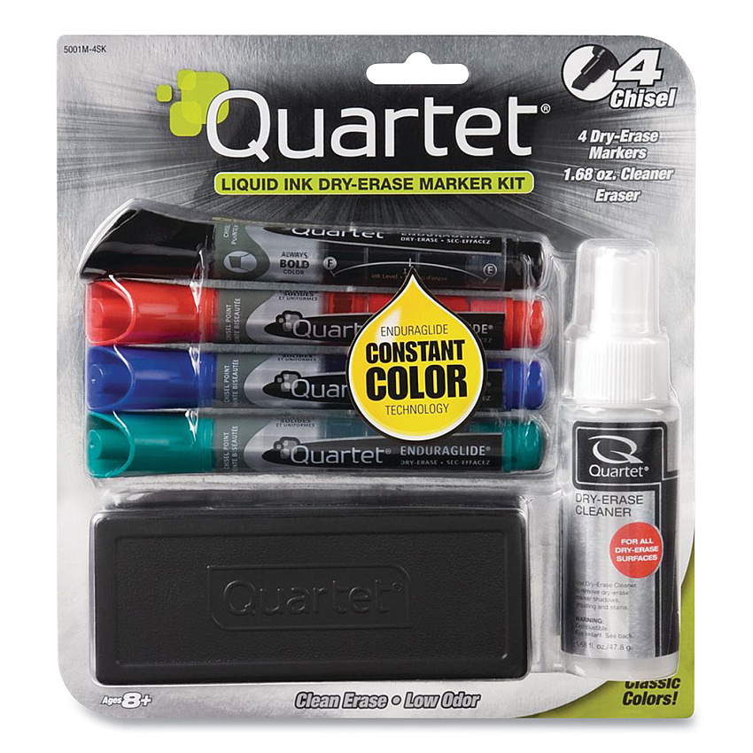 Quartet EnduraGlide Dry Erase Marker Kit with Cleaner and Eraser, Broad Chisel Tip, Assorted Colors, 4/Pack (QRT5001M4SK)