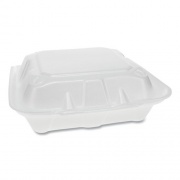 Pactiv Evergreen Vented Foam Hinged Lid Container, Dual Tab Lock, 3-Compartment, 8.42 x 8.15 x 3, White, 150/Carton (YTD188030000)