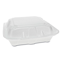 Pactiv Evergreen Vented Foam Hinged Lid Container, Dual Tab Lock, 3-Compartment, 8.42 x 8.15 x 3, White, 150/Carton (PCTYTD188030000)