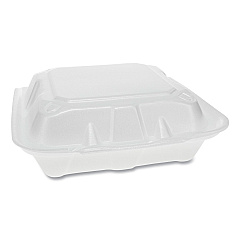 Pactiv Evergreen Vented Foam Hinged Lid Container, Dual Tab Lock, 3-Compartment, 8.42 x 8.15 x 3, White, 150/Carton (PCTYTD188030000)