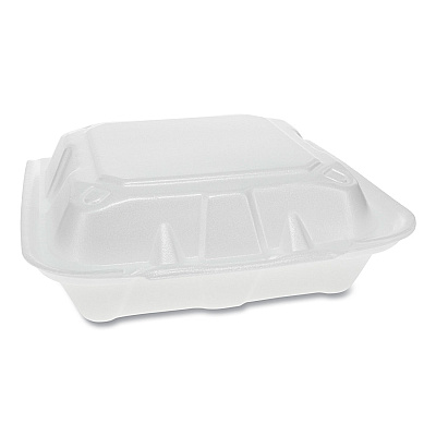 Pactiv Evergreen Vented Foam Hinged Lid Container, Dual Tab Lock, 3-Compartment, 8.42 x 8.15 x 3, White, 150/Carton (PCTYTD188030000)