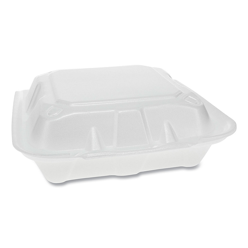 Pactiv Evergreen Vented Foam Hinged Lid Container, Dual Tab Lock, 3-Compartment, 8.42 x 8.15 x 3, White, 150/Carton (PCTYTD188030000)