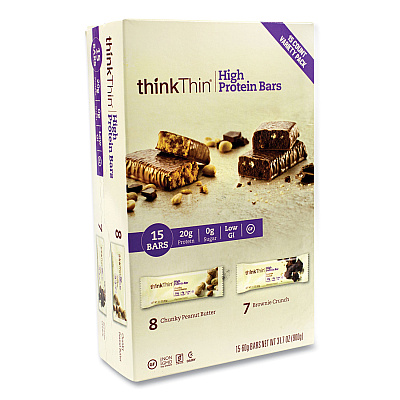 thinkThin High Protein Bars, Brownie Crunch/Chunky Peanut Butter, 2.1 oz Bar, 15 Bars/Carton (GRR22000555)