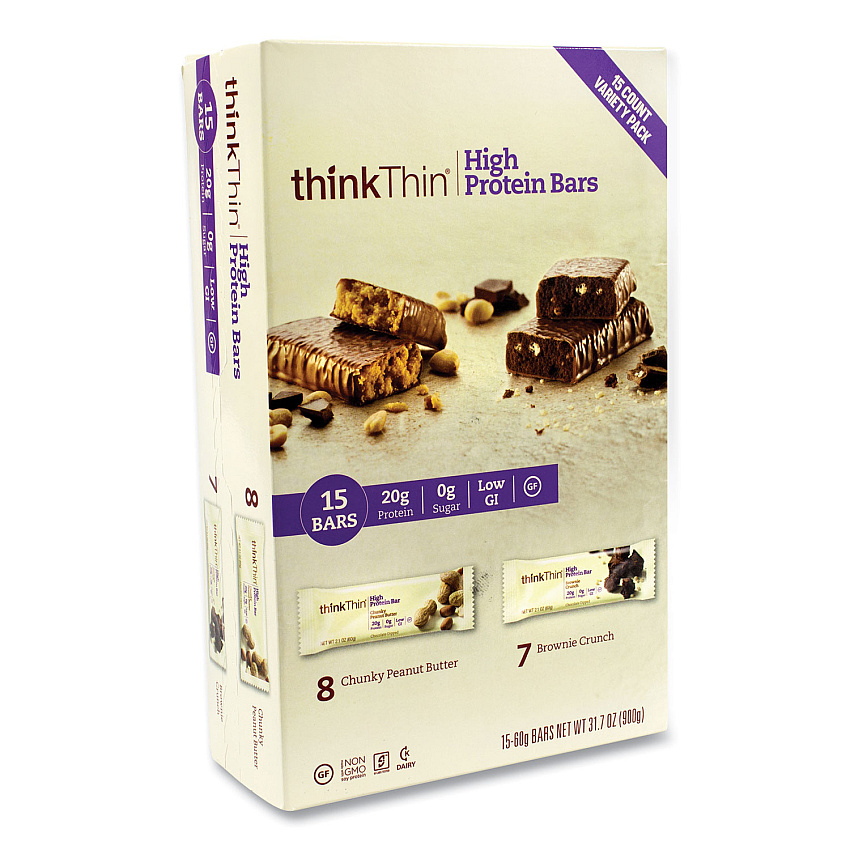 thinkThin High Protein Bars, Brownie Crunch/Chunky Peanut Butter, 2.1 oz Bar, 15 Bars/Carton (GRR22000555)