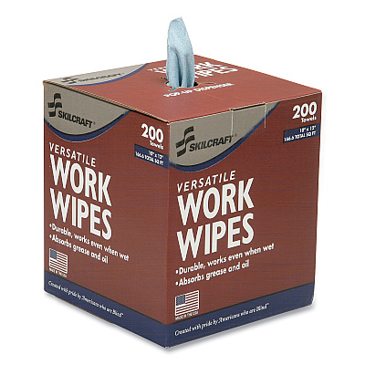 AbilityOne 7920016849744, SKILCRAFT Industrial Work Wipes, 1-Ply, 12 x 10, Blue, 200 Sheets/Box, 8 Boxes/Carton