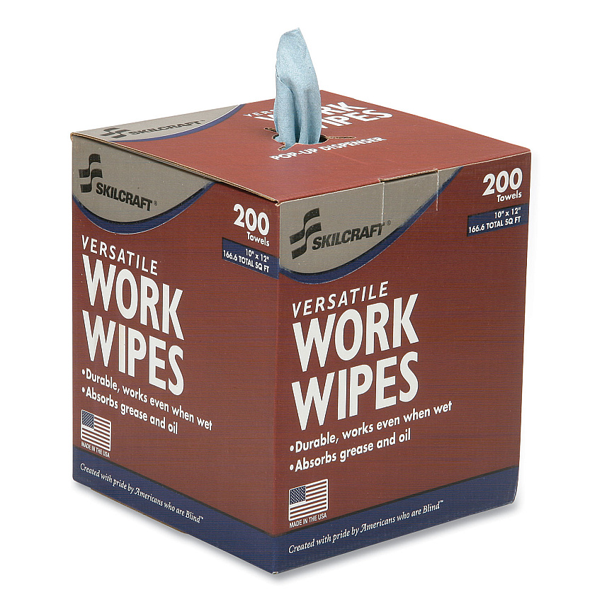 AbilityOne 7920016849744, SKILCRAFT Industrial Work Wipes, 1-Ply, 12 x 10, Blue, 200 Sheets/Box, 8 Boxes/Carton