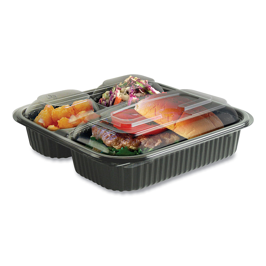 Anchor Packaging Culinary Squares 2-Piece/3-Compartment Microwavable Container, 21 oz/6 oz/6 oz, 8.46 x 8.46 x 2.5, Clear/Blk, Plastic, 150/CT (ANZ4118523)