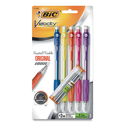 BIC Velocity Original Mechanical Pencil, 0.7 mm, HB (#2), Black Lead, Assorted Barrel Colors, 5/Pack (BIC41192)