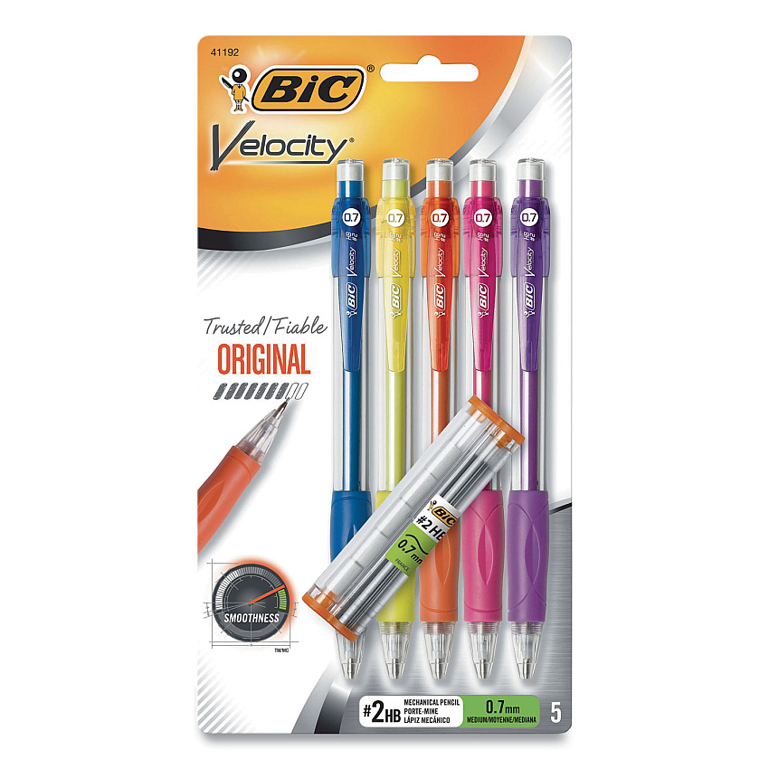 BIC Velocity Original Mechanical Pencil, 0.7 mm, HB (#2), Black Lead, Assorted Barrel Colors, 5/Pack (BIC41192)