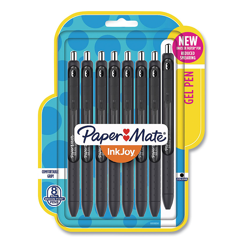 Paper Mate InkJoy Gel Pen, Retractable, Medium 0.7 mm, Black Ink, Black/Smoke Barrel, 8/Pack (PAP1958856)