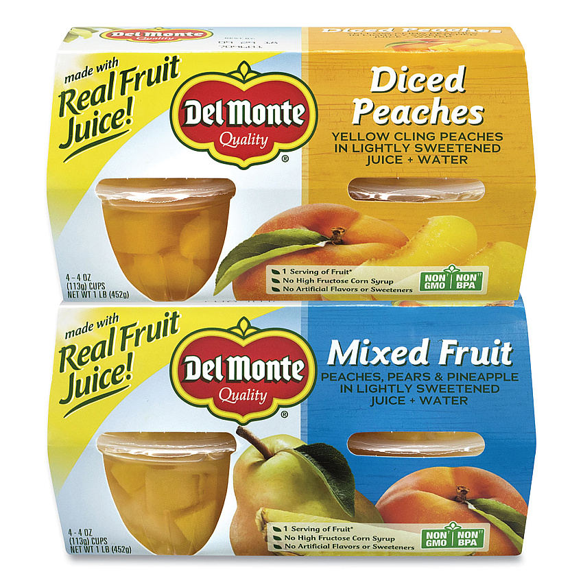 Del Monte Diced Peaches and Mixed Fruit Cups, 4 oz Cups, 16 Cups/Carton (GRR22000744)
