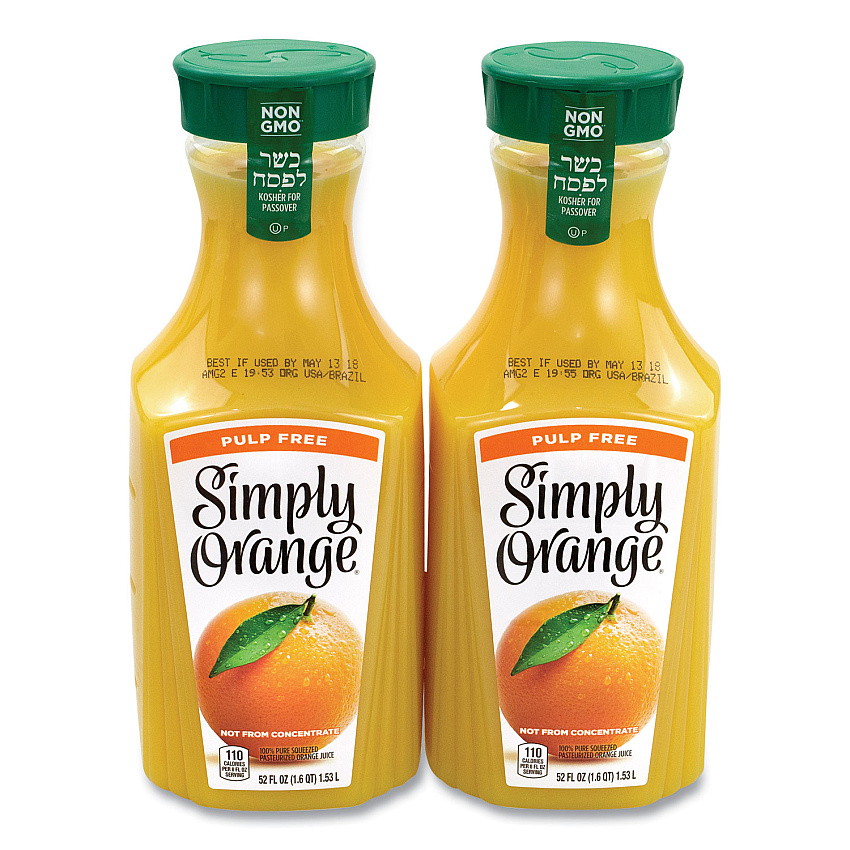 Simply Orange Orange Juice Pulp Free, 52 oz Bottle, 2/Pack (GRR90200102)