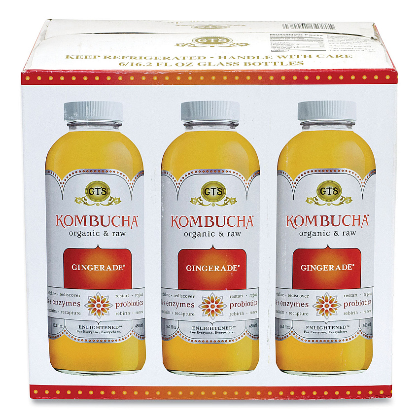 GT's Living Foods Organic Raw Kombucha Gingerade, 16.2 oz Bottle, 6/Carton (GRR90200098)
