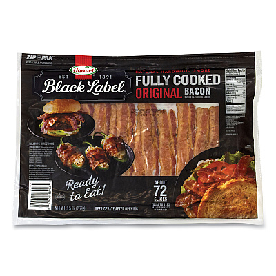 Hormel Black Label Fully Cooked Bacon, Original, 9.5 oz Package, Approximately 72 Slices/Carton (GRR90200109)