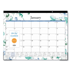 Blue Sky Lindley Desk Pad, Floral Artwork, 22 x 17, White/Blue/Green Sheets, Black Binding, Clear Corners, 12-Month (Jan-Dec): 2023 (100018)