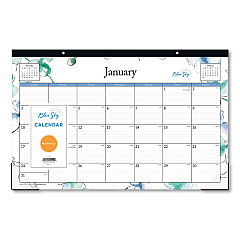 Blue Sky Lindley Desk Pad, Floral Artwork, 17 x 11, White/Blue/Green Sheets, Black Binding, Clear Corners, 12-Month (Jan to Dec): 2026 (100024)