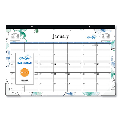 Blue Sky Lindley Desk Pad, Floral Artwork, 17 x 11, White/Blue/Green Sheets, Black Binding, Clear Corners, 12-Month (Jan to Dec): 2026 (100024)