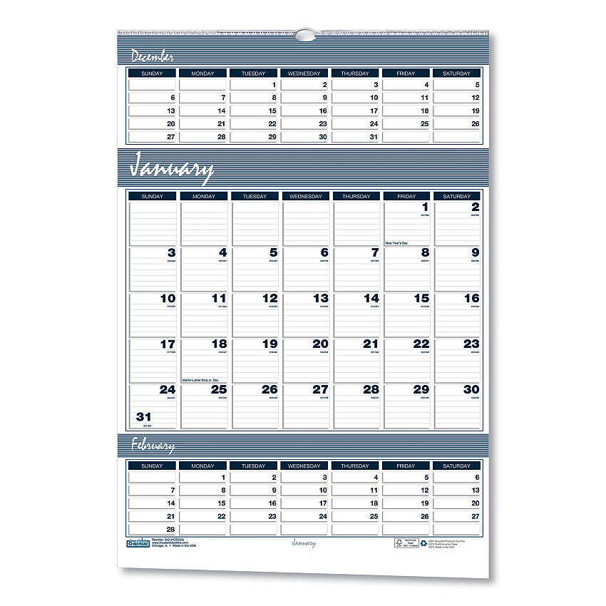 House of Doolittle Bar Harbor Recycled Wirebound 3-Months-per-Page Wall Calendar, 15.5 x 22, White/Blue/Gray, 14-Month: Dec 2025 to Jan 2027 (343)