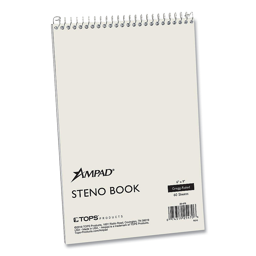 Ampad Steno Pads, Gregg Rule, White Cover, 60 Green-Tint 6 x 9 Sheets (AMP25470)