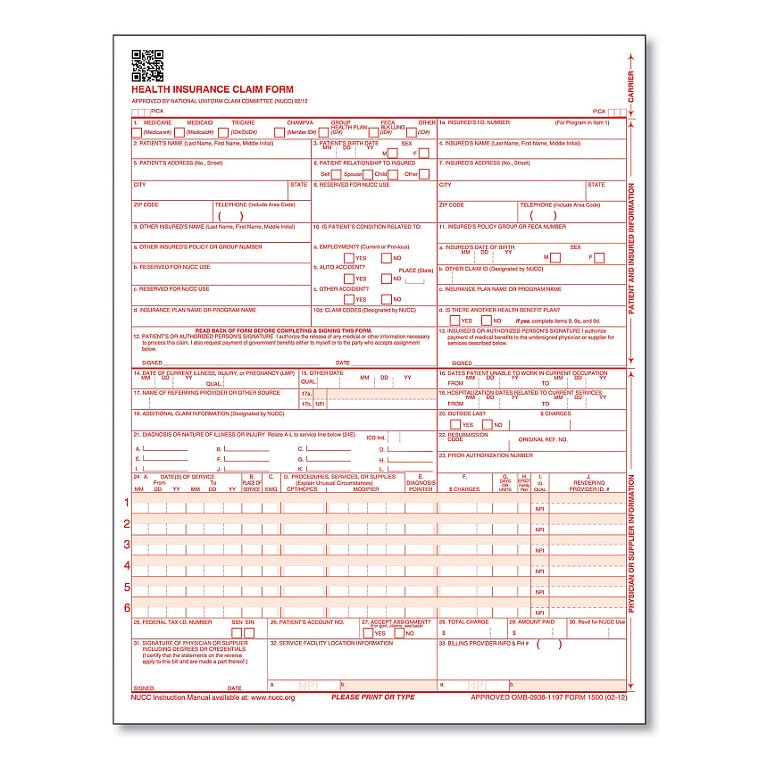 ComplyRight CMS-1500 Health Insurance Claim Form, One-Part (No Copies), 8.5 x 11, 250 Forms Total (TFPCMS12LC250)