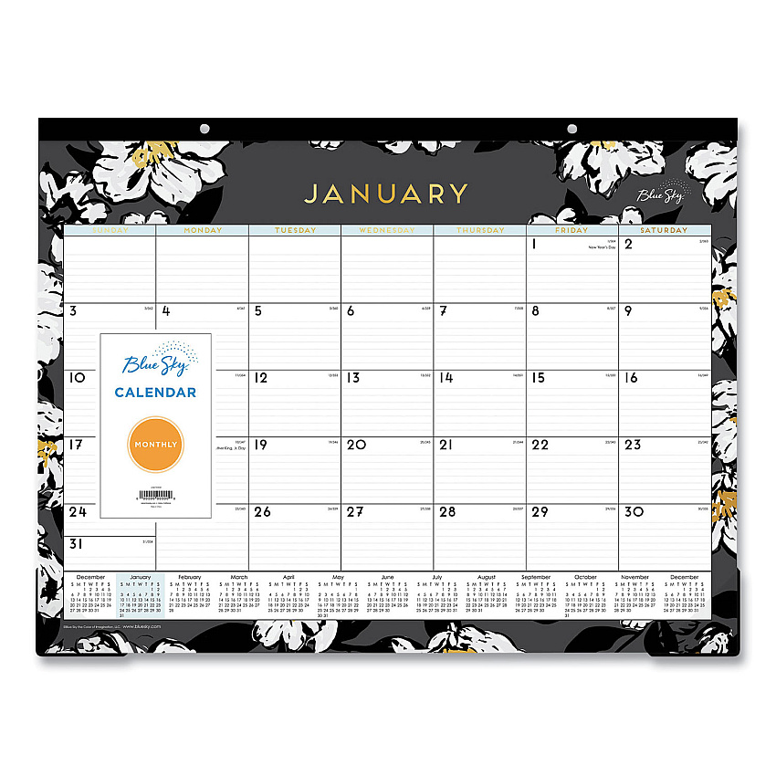 Blue Sky Baccara Dark Desk Pad, Floral Artwork, 22 x 17, White/Black/Gold Sheets, Black Binding, 12-Month (Jan to Dec): 2026 (110215)