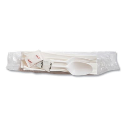 Berkley Square Mediumweight Cutlery Kit, Plastic Fork/Spoon/Knife/Salt/Pep/Napkin, White, 250/Carton (1171241)