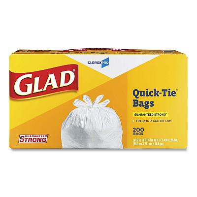 Glad Tall Kitchen Quick-Tie Bags, Tie-Flap, 13 gal, 23.75" x 28", White, 200/Box (CLO15931)