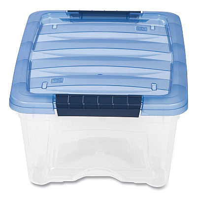 IRIS Stack and Pull Latching Flat Lid Storage Box, 3.23 gal, 10.9" x 16.5" x 6.5", Clear/Translucent Blue (IRS100306)