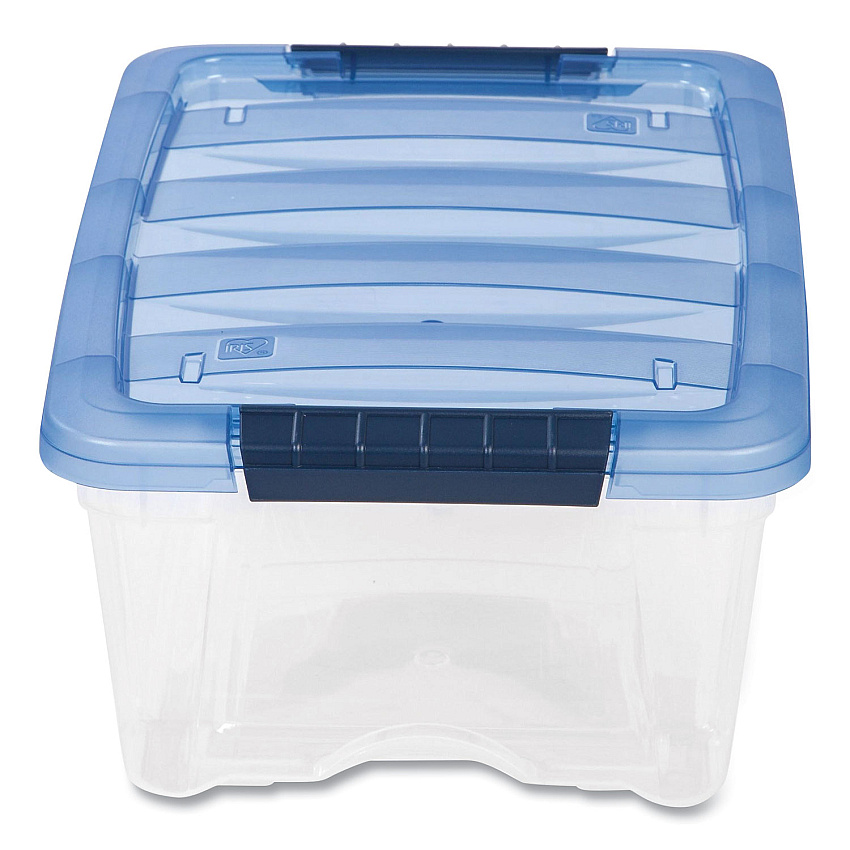 IRIS Stack and Pull Latching Flat Lid Storage Box, 3.23 gal, 10.9" x 16.5" x 6.5", Clear/Translucent Blue (IRS100306)