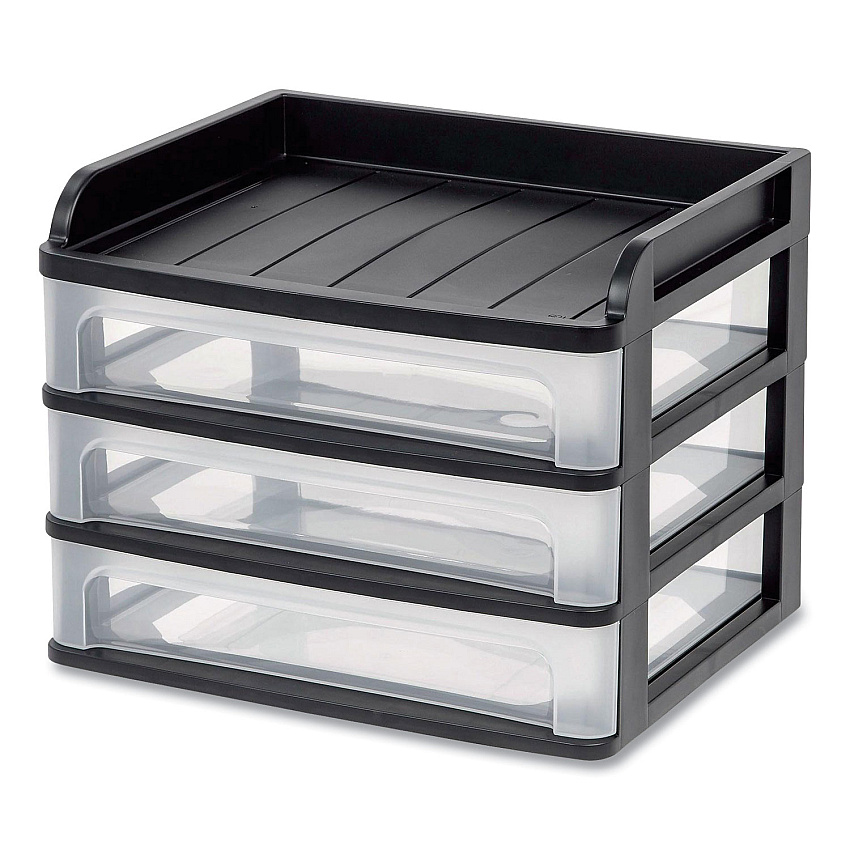 IRIS Small Three-Drawer Desktop Storage, 3 Sections, 9.13 x 6.88 x 8.13, Black/Clear (IRS150163)