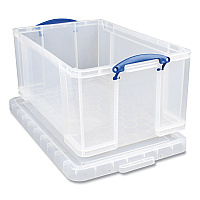 Really Useful Box Snap-Lid Storage Bin, 16.9 gal, 17.31" x 28" x 12.25", Clear/Blue (RUA64CCB)
