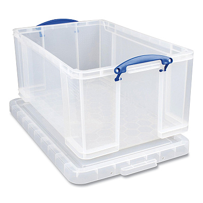 Really Useful Box Snap-Lid Storage Bin, 16.9 gal, 17.31" x 28" x 12.25", Clear/Blue (RUA64CCB)