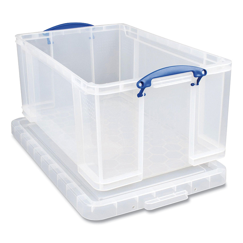 Really Useful Box Snap-Lid Storage Bin, 16.9 gal, 17.31" x 28" x 12.25", Clear/Blue (RUA64CCB)