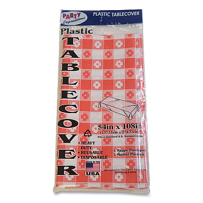 Tablemate Table Set Rectangular Table Covers, Heavyweight Plastic, 54" x 108", Plaid Red/White, 6/Pack (TBL549RDG)
