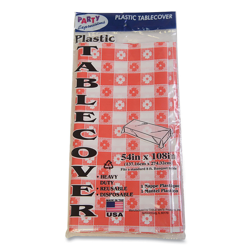 Tablemate Table Set Rectangular Table Covers, Heavyweight Plastic, 54" x 108", Plaid Red/White, 6/Pack (TBL549RDG)