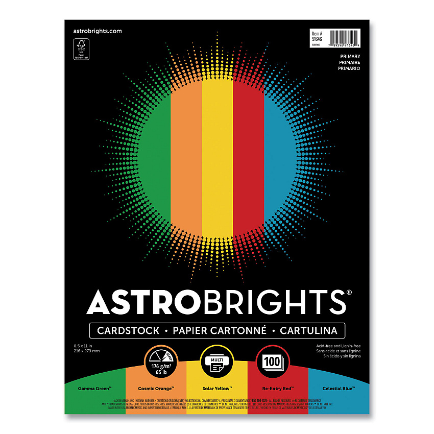 Astrobrights Color Cardstock -"Primary" Assortment, 65 lb Cover Weight, 8.5 x 11, Assorted Primary Colors, 100/Pack (WAU91646)