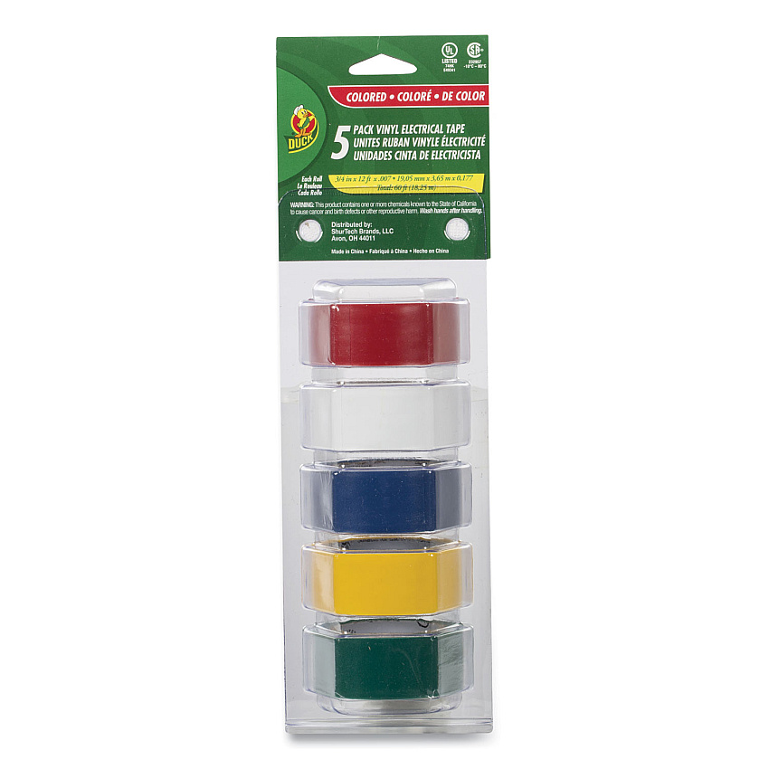 Duck Electrical Tape, 1" Core, 0.75" x 12 ft, Assorted Colors, 5/Pack (DUC280303)