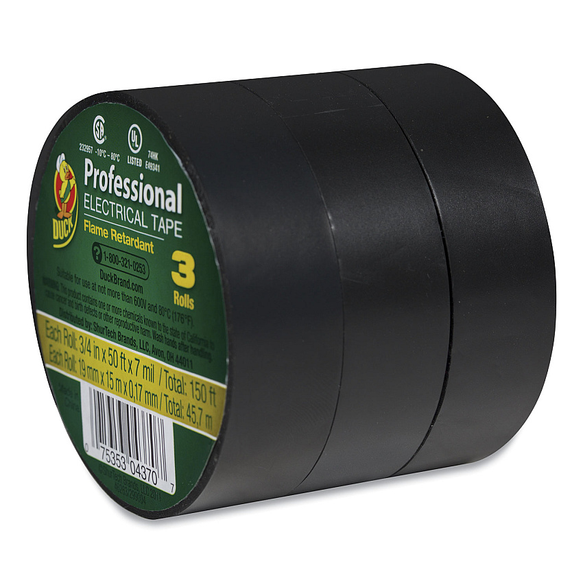 Duck Pro Electrical Tape, 1" Core, 0.75" x 50 ft, Black, 3/Pack (DUC299004)