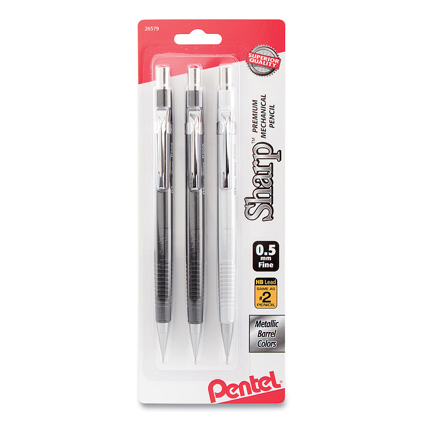 Pentel Sharp Mechanical Pencil, 0.5 mm, HB (#2), Black Lead, Assorted Barrel Colors, 3/Pack (PENP205MBP3M)