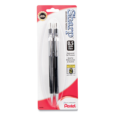 Pentel Sharp Mechanical Pencil, 0.5 mm, HB (#2), Black Lead, Black Barrel, 2/Pack (PENP205BP2K6)