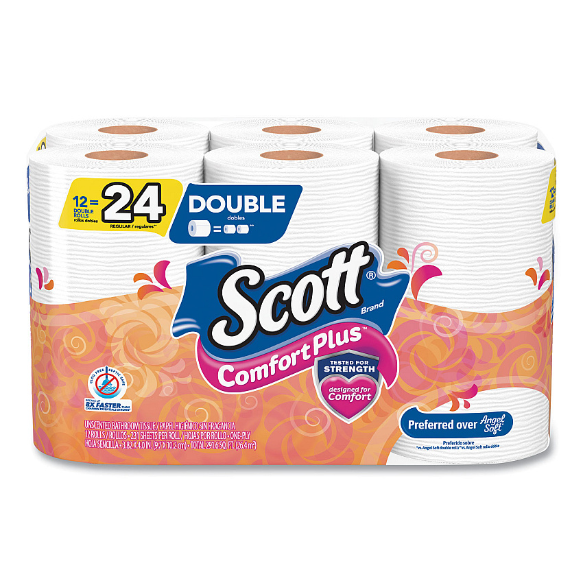 Scott ComfortPlus Toilet Paper, Double Roll, Bath Tissue, Septic Safe, 1-Ply, White, 231 Sheets/Roll, 12 Rolls/Pack, 4 Packs/Carton (KCC47618)