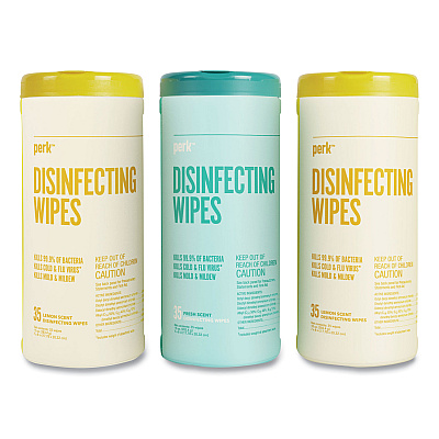 Perk Disinfecting Wipes, 7 x 8, Fresh/Lemon, White, 35 Wipes/Canister, 3 Canisters/Pack (PRK24411132)